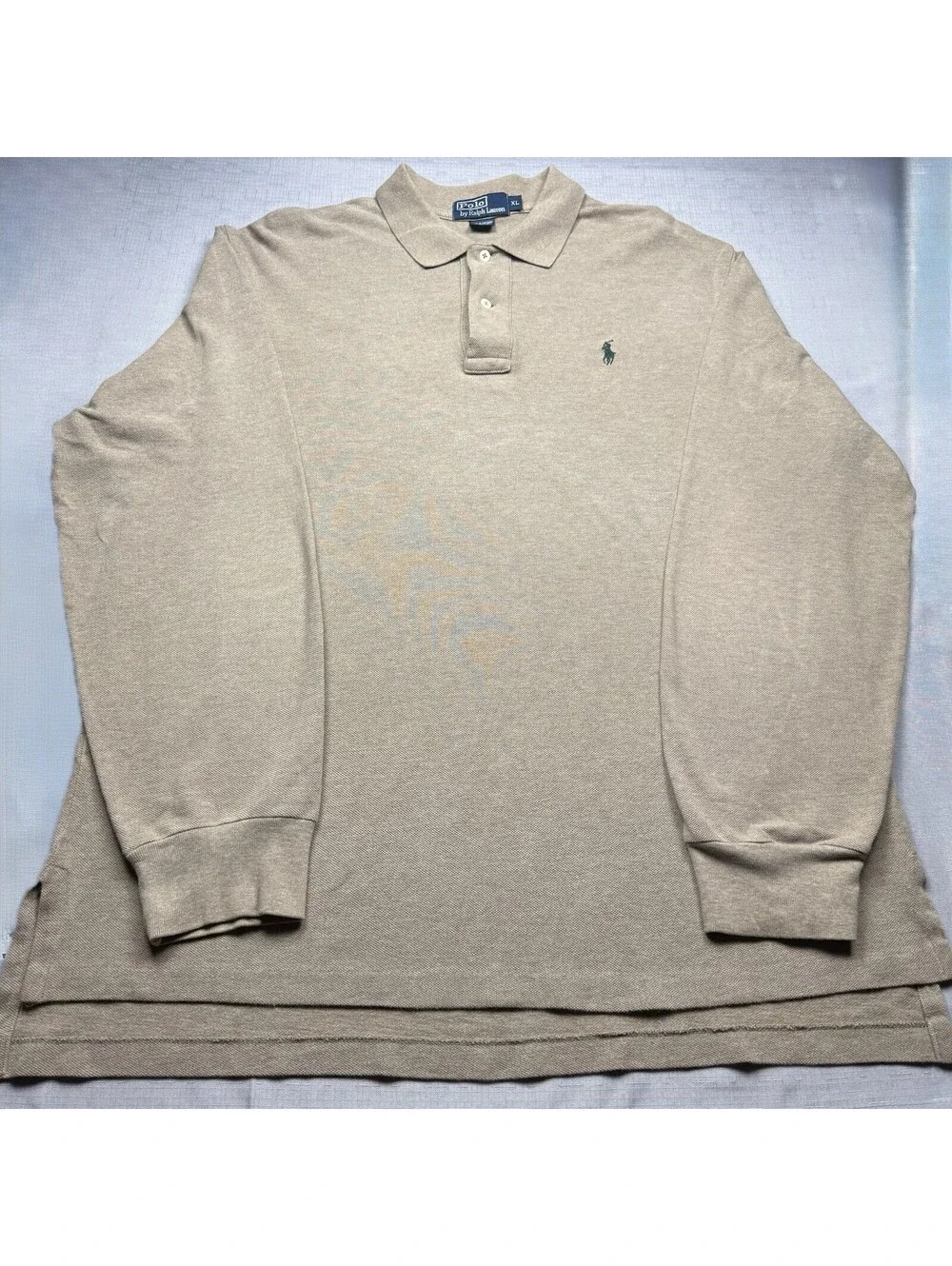 Polo Ralph Lauren Men’s XL Long Sleeve Polo Shirt Beige Green Pony 100% Cotton